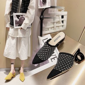 Women Casual Knit Design Pointed Toe Geometric High Heel Mules