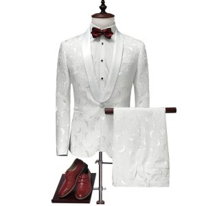 2 Pcs Men Floral Design Shawl Collar Wedding White Formal Suits