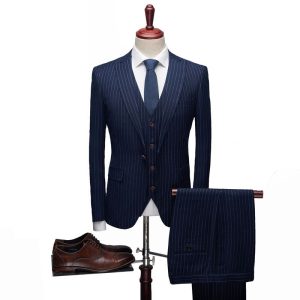 3 Pcs Men Vertical Stripe Slim Fit One-Button Design Blazer Suits