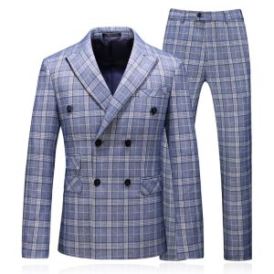 3 Pcs Set New Arrival Blue Plaid Print Double-Breasted Wedding Business Suits