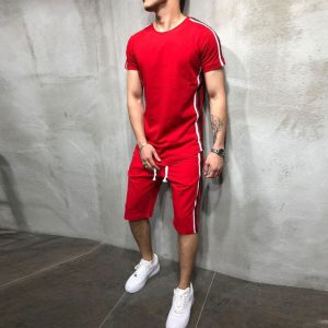 M-3XL Men Striped Patchwork Short-Sleeve T-Shirt And Hip Hop Sports Shorts Two-Piece Sets