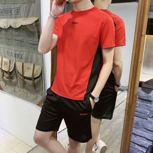 M-5XL Men Fashion Letter Print Contrast Color Patchwork Short-Sleeve T-Shirt And Sports Shorts Two-Piece Sets