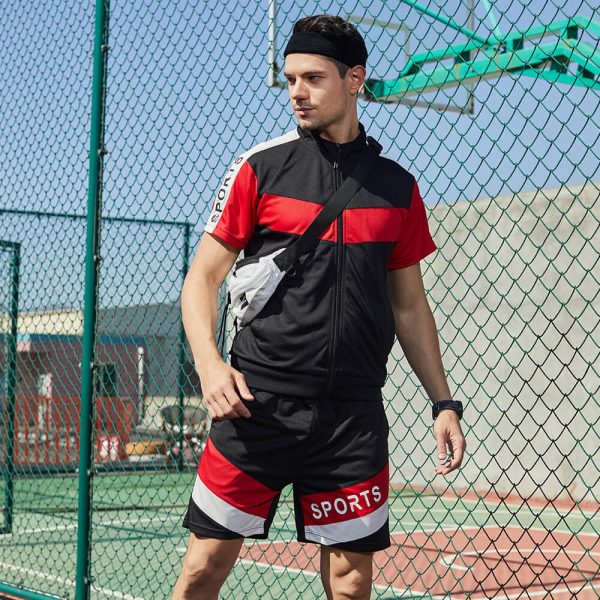 S-2XL Men Fashion Color Blocking Patchwork Zipper T-Shirt And Letter Printed Shorts Two Pieces Set