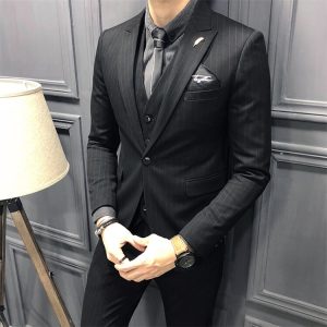M-3XL Men Fashion Stripe Printed Formal Suits Three Pieces Set