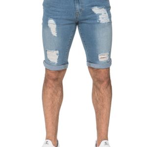 Men Fashion Mid-Waist Micro Elastic Ripped Denim Shorts