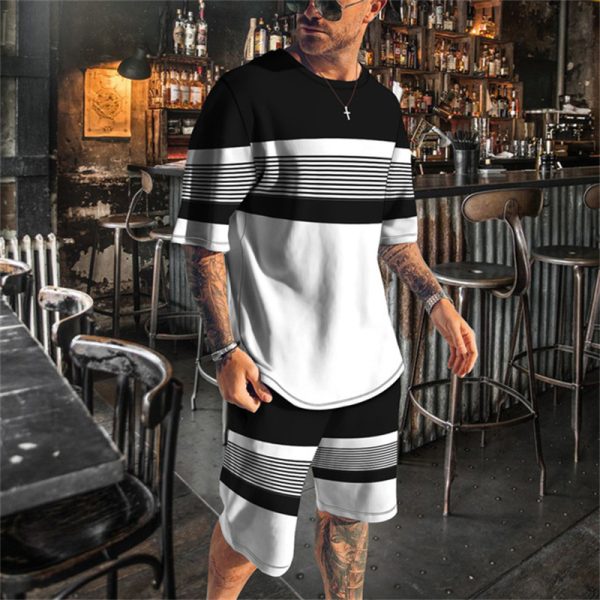 Men Casual Round Neck Short Sleeve Stripe Printed T-Shirt And Shorts Two-Piece Set