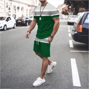 Men Casual Round Neck Short-Sleeved Color Matching T-Shirt And Shorts Two-Piece Set