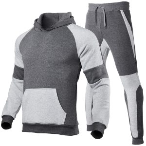 Men Casual Stitching Plus Fleece Hoodies And Pants Two-Piece Set