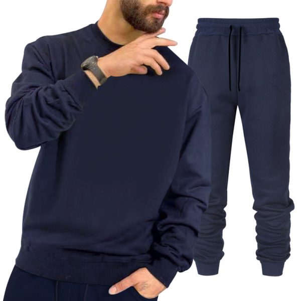 Men Casual Solid Color Round Neck Long-Sleeved Sweater Mid-Waist Tethered Trousers Sports Set