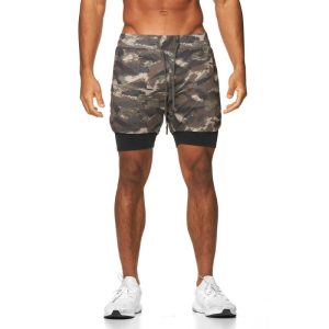 Men Casual Double Layer Camo Quick Dry Mid Waist Tether Sports Shorts