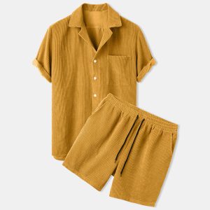 Men Casual Loose Solid Color Corduroy Short-Sleeved Shirt And Shorts Two-Piece Set