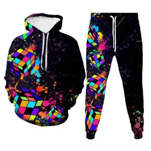 Men Casual Color 3d Rubik'S Cube Print Hooded Long-Sleeved Sweater Mid-Waist Tethered Jogger Pants Set