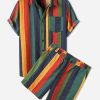 Men Casual Multicolor Stripe Short-Sleeved Shirt And Shorts Two-Piece Set