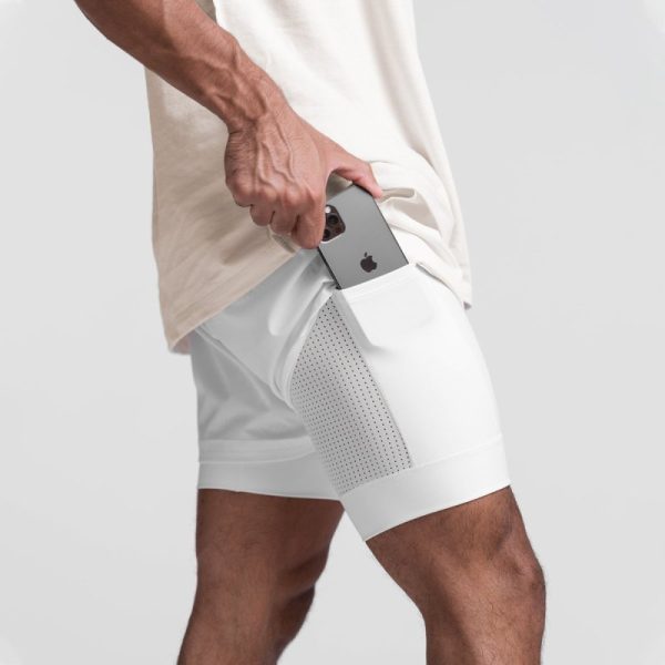 Men Casual Double Layer Quick Dry Mid Waist Tie Sports Shorts