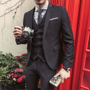 Men Fashion Casual Solid Color Three-Piece One Button Suit Set
