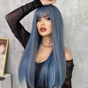 Women'S Fashion Mermaid Blue Highlighted Liu Hai Chemical Fiber Full Headgear Simulation Wig