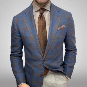Men Fashion Business Plaid Print Lapel Long Sleeve Single Row Two Button Slim Suit