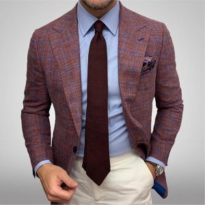 Men Fashion Business Plaid Print Lapel Long Sleeve Single Row Two Button Slim Suit
