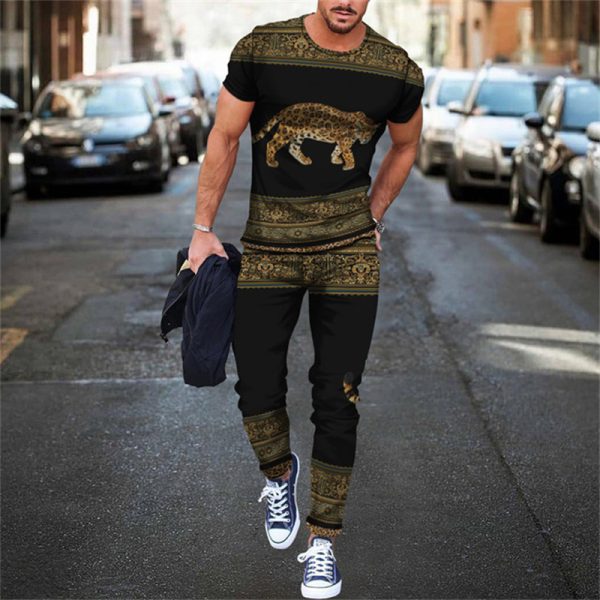 Men Fashion Round Neck Short-Sleeved T-Shirt And Pants Two-Piece Set