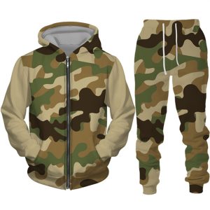 Men Fashion Camouflage Print Hooded Long Sleeve Jacket And Pants Two-Piece Set