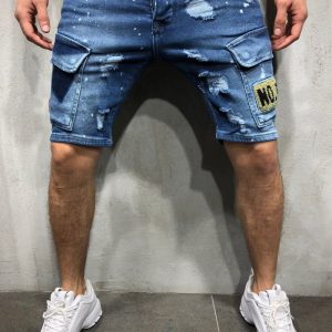 Men Fashion Ripped Slim Badge Jeans Shorts