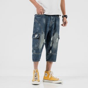 Men Retro Low Rise Straight Ripped Loose Denim Cropped Pants