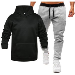 Men Casual Plus Fleece Solid Color Hooded Long-Sleeved Hoodies And Pants Two-Piece Set