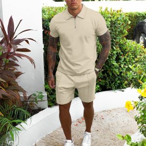 Men Fashion Solid Color Short-Sleeved Zipper Polo Shirt And Shorts Two-Piece Set