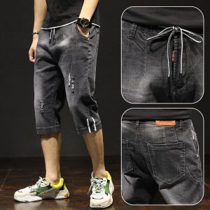 Men Casual Simple Hole Design Mid Waist Tie Straight Straight Loose Cropped Jeans