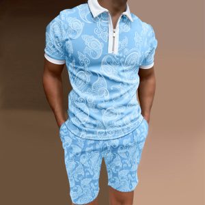 Men Casual Printed Polo Shirt And Shorts Two-Piece Set