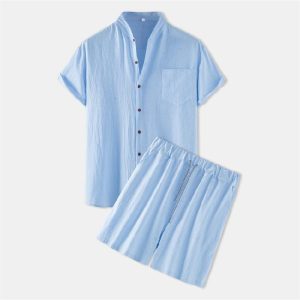 Men Casual Solid Color Short-Sleeved Shirt And Shorts Two-Piece Set