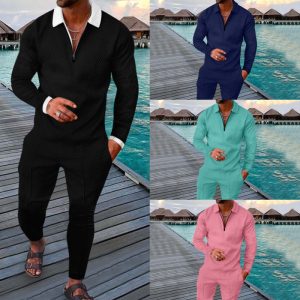 Men Casual Lapel Long-Sleeved Zip-Up Sweater And Trousers Two-Piece Set