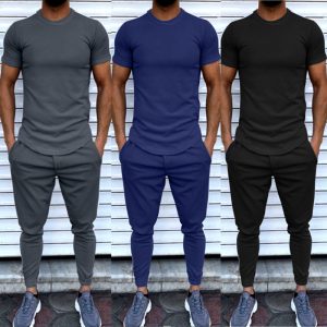 Men Casual Simple Solid Color Short-Sleeved T-Shirt Trousers Slim Round Neck Sets
