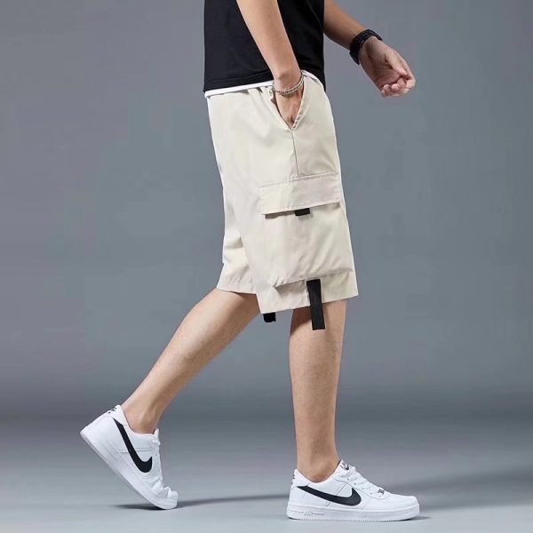 Men Casual Patchwork Letter Patch Mid Waist Tie Loose Shorts