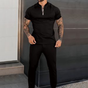 Men Casual Round Neck Short-Sleeved Polo Shirt And Pants Two-Piece Set