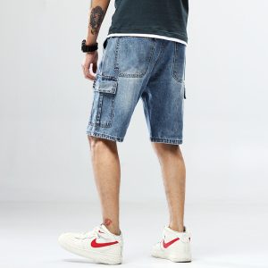 Men Casual Solid Mid-Rise Straight Multi-Pocket Denim Shorts