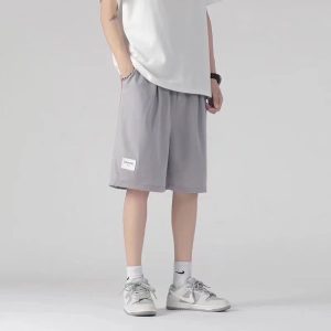 Men Casual Solid Patch Mid-Rise Tie Loose Shorts