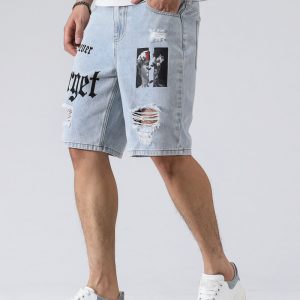 Men Fashion Print Ripped Denim Shorts
