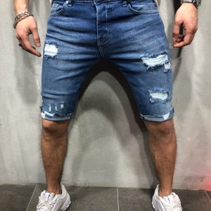 Men Fashion Denim Five-Point Pants Ripped Slim-Fit Shorts