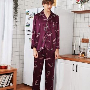 Men Soft Satin Feather Printed Pajama Set