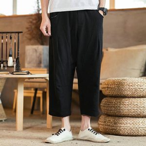 M-5XL Men Casual Solid Color Cotton-Flax Loose Straight Pants