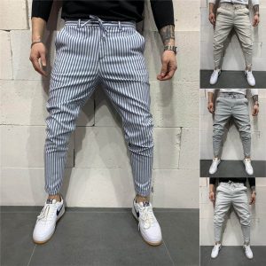 S-3XL Men Fashion Stripe Print Drawstring Pants