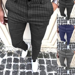 S-3XL Men Fashion Plaid Print Tight Pants