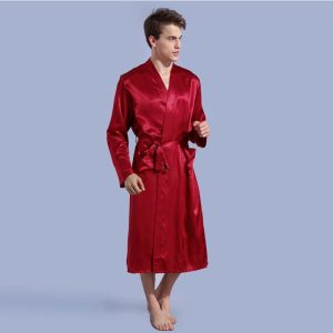 S-2XL Men Fashion Plus Size Solid Color Long Sleeve Cardigan Nightgown