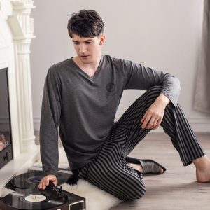 L-3XL Men Long Sleeve Solid Color Stripe Home Pajamas Sets