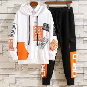 S-3XL Men Irregular Printed Long Sleeve Hoodie And Sweatpants Two Pieces Set
