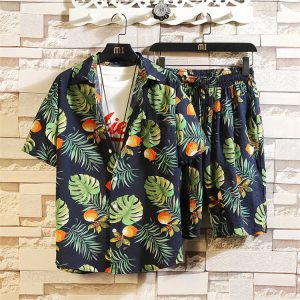 M-5XL Men Fashion Leaf Printed Loose Shirt And Shorts Two Pieces Set