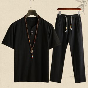 M-5XL Men Fashion Solid Color Loose Top And Pants Two Pieces Set