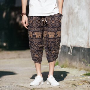 M-5XL Men Casual Graphic Printing Loose Cropped Trousers