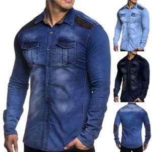 M-3XL Men Fashion Solid Color Multi-Pocket Long Sleeve Denim Jacket